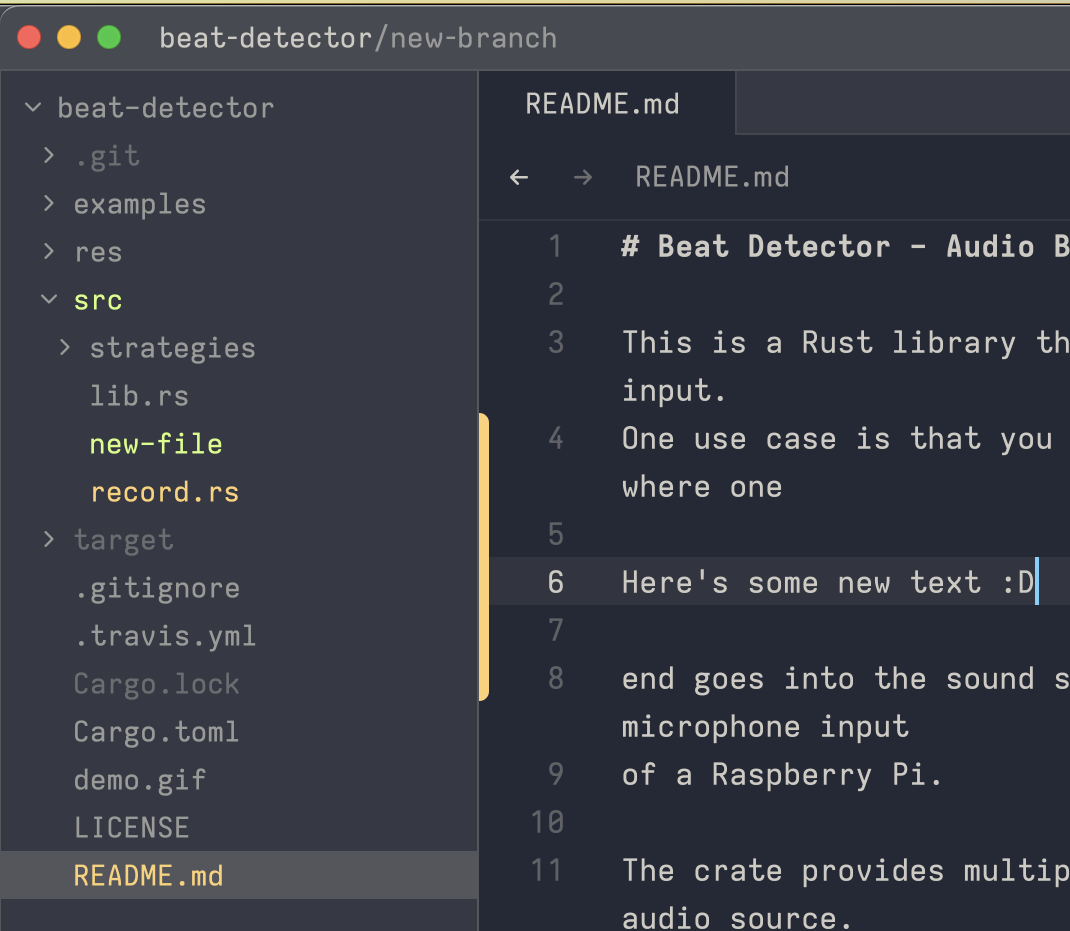 Screenshot showing the git status for several files in Zed's project panel.